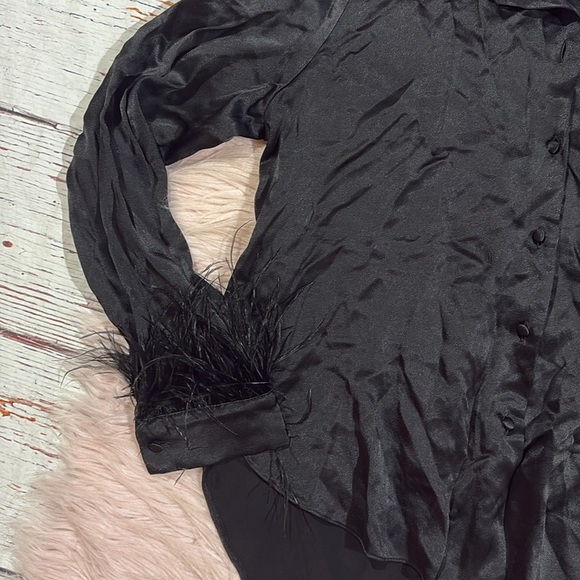 Karen Millen Satin Crepe Feather Trim Black Layered Black Blouse - Picture 6 of 11